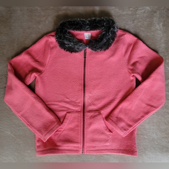 Gymboree Girl Salmon Color Fleece Sweater/Faux Fur Collar Size 10-12 (L) - Picture 1 of 2